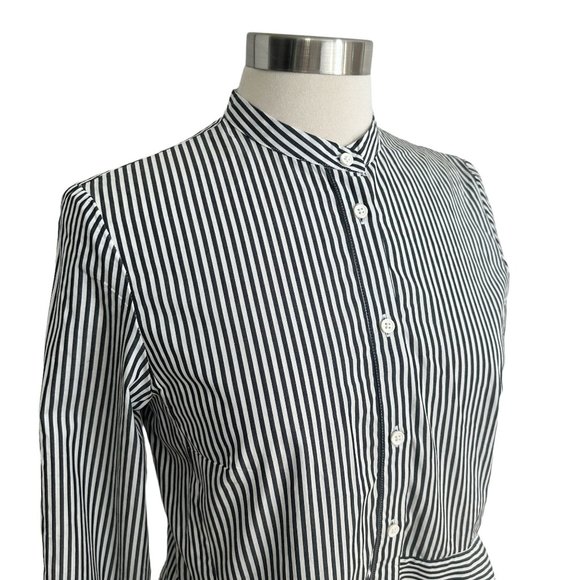NWT French Connection 6 Black Striped Mandarin Collar Peplum Hem Button Blouse - Picture 6 of 11